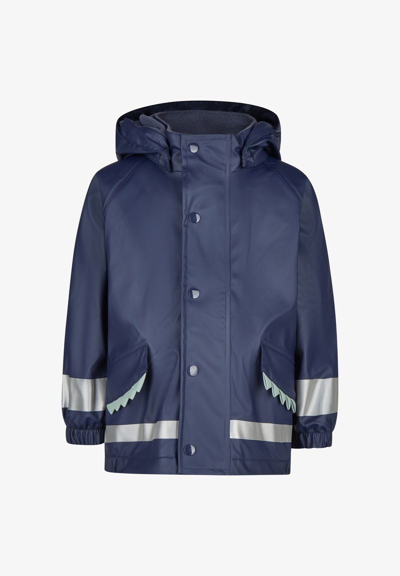 Veste de pluie pour enfants bleu marine avec capuche, boutons-pression à l'avant, bandes réfléchissantes sur les manches et l'ourlet, et poches rabat avec des détails bleu clair.