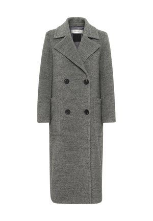 Gray wool blend coat with a double-breasted design, notched lapel, two front pockets, and black buttons. Long, straight silhouette.