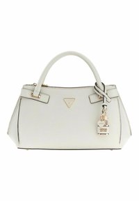 Witte synthetische handtas met kunstleren details, afgeronde handvatten, gouden accenten en een bedeltje met een hangslot en het merklogo.