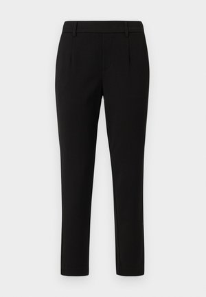 Black tailored trousers with a straight leg design, made of smooth fabric. Features flat front, belt loops, and no pockets.