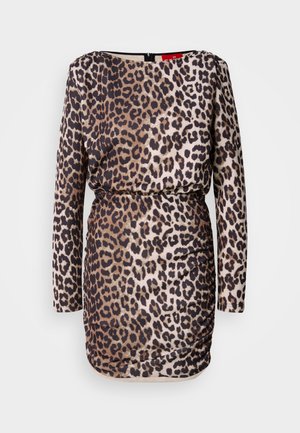 Vestido de estampado de leopardo con mangas largas, escote redondo, detalles fruncidos y silueta ajustada. Fabricado con un tejido suave y elástico.