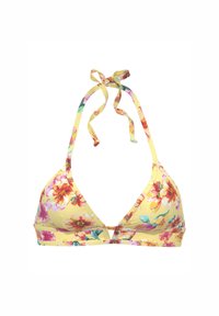 Bloemrijke bikini-top met een gele achtergrond, driehoekige cups en strikjes op de hals. Bevat kleurrijke bloemen in roze, oranje en groen.