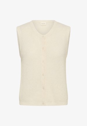 Cremefarvet ærmeløs cardigan med V-hals, struktureret strikstof, enkelt knappelukning og ribbet kant, der tilbyder et simpelt, let design.