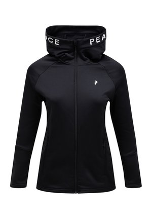 Black zip-up jacket with high collar, featuring white "PEACE" branding. Made of smooth fabric with side pockets and a fitted design.