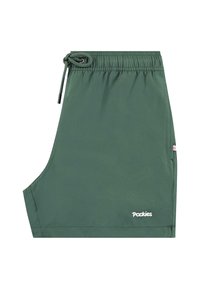 Grønne shorts laget av lett materiale, med elastisk midje med snor, sidelommer og en liten logodetalj.