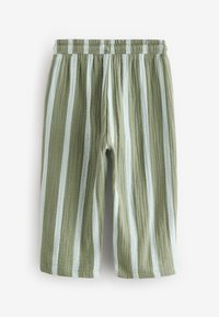 Pantalones a rayas verdes y azul claro de longitud media, confeccionados con una tela texturizada, con cintura elástica y corte casual.