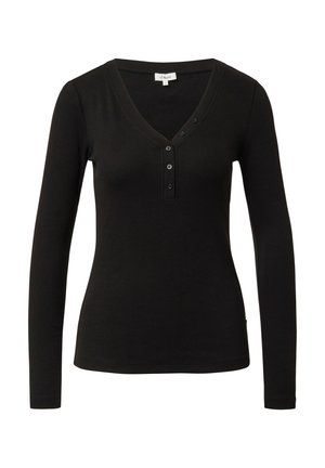 Zwart langarmshirt met een geribbelde textuur, voorzien van een V-hals en een sluiting met drie knopen aan de voorkant.