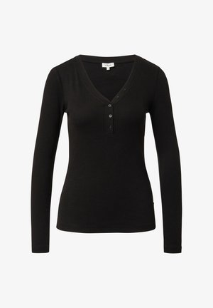 Zwart langarmshirt met een geribbelde textuur, voorzien van een V-hals en een sluiting met drie knopen aan de voorkant.