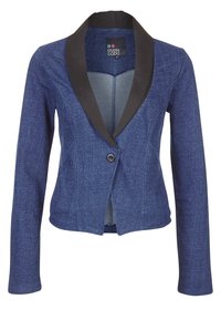 Jeansjacka med krage i svart satin, en knappstängning, skräddarsydd passform och långa ärmar. Mjuk textur, mörkblå färg.