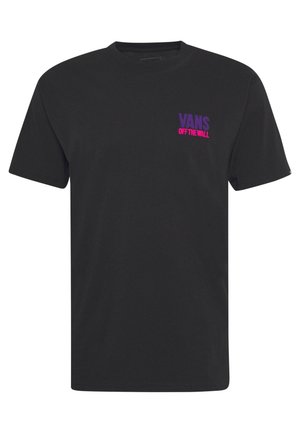 Sort T-shirt med korte ærmer og rund halsudskæring med lille lilla og pink "VANS OFF THE WALL" logo på venstre bryst.