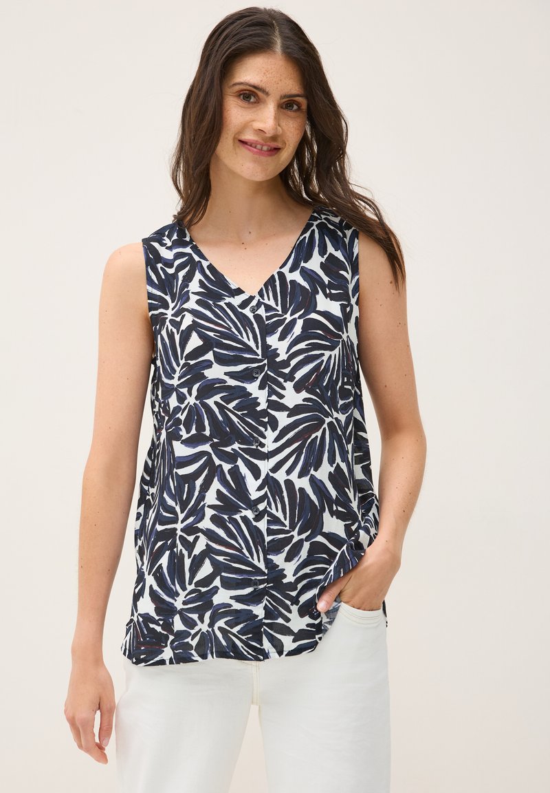 Blusa senza maniche bianca con motivo fogliare navy, caratterizzata da scollatura a V e dettaglio con bottoni. Il tessuto appare leggero e liscio.