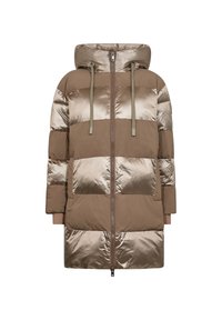 Gepofte parka-jas in bruin en metallic beige, met een hoge kraag, ritssluiting aan de voorkant en contrasterend paneelontwerp. Zachte textuur met trekkoorden.