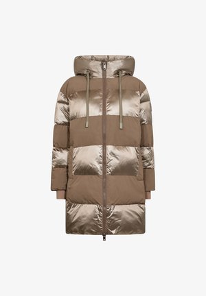 Prešívaná parka bunda v hnedej a metalickej béžovej farbe, s vysokým golierom, predným zipsom a kontrastným panelovým dizajnom. Mäkká textúra s šnúrkami.