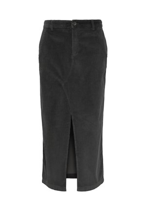 Zwarte corduroy rok met een split aan de voorkant, voorzien van een knoopsluiting en riemlussen. Tot op de knie met een verticale ribbeltextuur.