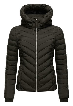 Black quilted puffer jacket with a hood, featuring a front zipper, chevron pattern, ribbed cuffs, and side snap pockets.