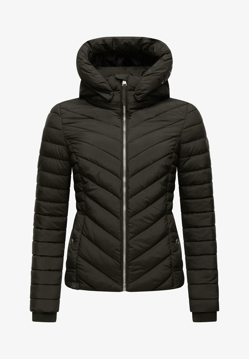 Juodas pledinis pūkinis švarkas su gobtuvu, turintis priekinį užtrauktuką, chevrono raštą, raukšlėtas rankogalius ir šonines kišenes su užsegimais.