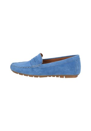 Blue suede loafers with a stitched detail on the vamp, soft texture, and a rubber sole. The design is sleek and minimalistic.