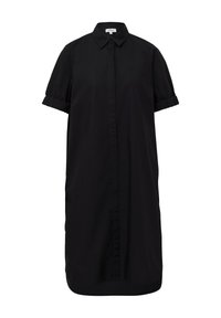 Abito camicia nero realizzato in tissu liscio, caratterizzato da un colletto, maniche corte arrotolate, bottoni frontali e orlo leggermente curvo.
