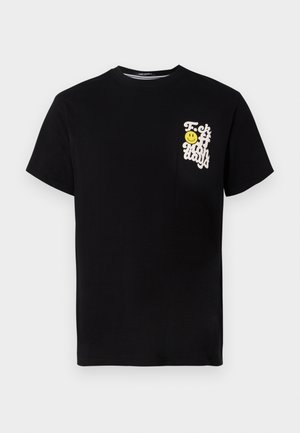 Black cotton T-shirt featuring a crew neckline, short sleeves, and a white graphic text with a yellow smiley face on the chest pocket.