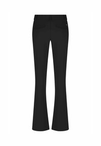 Zwarte flared broeken met een gladde textuur, achterzakken en een getailleerde taille, ontworpen voor een verlengde silhouet.