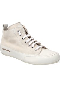 Beige högsko med canvas och läder, vita snören, metallöglor och gummisula. Har en logotyp på sidan.