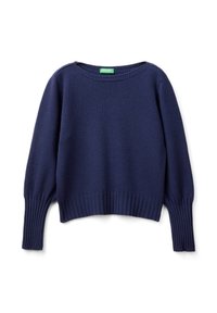 Marineblauer gestrickter Pullover, cropped Design, runder Halsausschnitt, gerippte Bündchen und Saum, glatte Textur, keine Muster oder Hardwaredetails sichtbar.