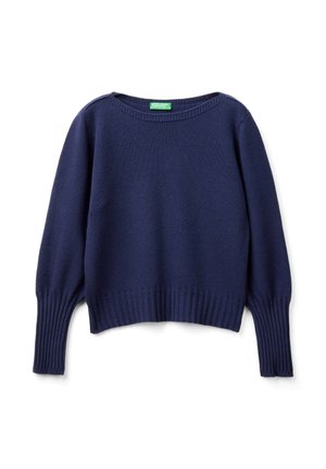 Pull en maille bleu marine, design court, col rond, poignets et ourlet côtelés, texture lisse, sans motifs ni détails en métal visibles.