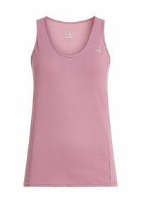 Roza majica bez rukava napravljena od mekog, prozračnog materijala. Ima izrez na vratu u obliku supe, široke naramenice i uski kroj. Suptilni teksturirani detalji.