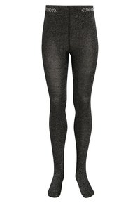 Sorte glitrende strømpebukser med en glat tekstur, der har et mærket elastisk taljebånd. Overfladen har en skinnende, funklende finish.