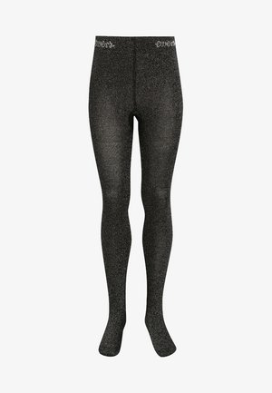 Schwarze Glitzerstrumpfhosen mit glatter Textur, ausgestattet mit einem elastischen, gebrandeten Bund. Die Oberfläche hat ein glänzendes, funkelndes Finish.