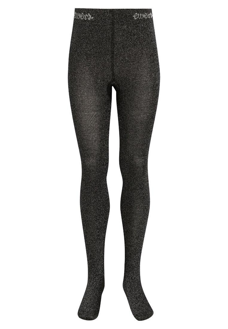 Sorte glitrende strømpebukser med en glat tekstur, der har et mærket elastisk taljebånd. Overfladen har en skinnende, funklende finish.