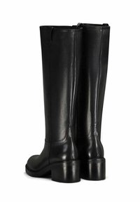 Bottes en cuir noir jusqu'au genou avec un bout arrondi, un talon solide, une texture lisse et un détail de couture verticale à l'arrière.