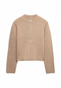 Beige pletený zkrácený svetr s vysokým límcem a plným předním zipem. Má žebrovanou strukturu a dlouhé rukávy.