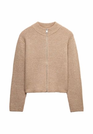 Beige gebreide korte trui met een hoge kraag en een volledige rits aan de voorkant. Kenmerkt zich door een geribbeld textuur en lange mouwen.
