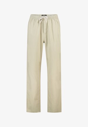 Beige rechte broek met elastische tailleband en trekkoordsluiting, voorzien van een gladde voorkant en zijzakken.