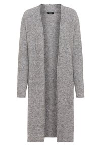 Long gray open-front cardigan with long sleeves and a soft, fuzzy knit texture, hanging flat on a white background.