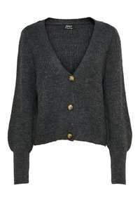 Šedý pletený cardigan s hlubokým výstřihem do V, dlouhými rukávy a třemi velkými zlatými knoflíky vpředu. Měkká textura a krátký střih.