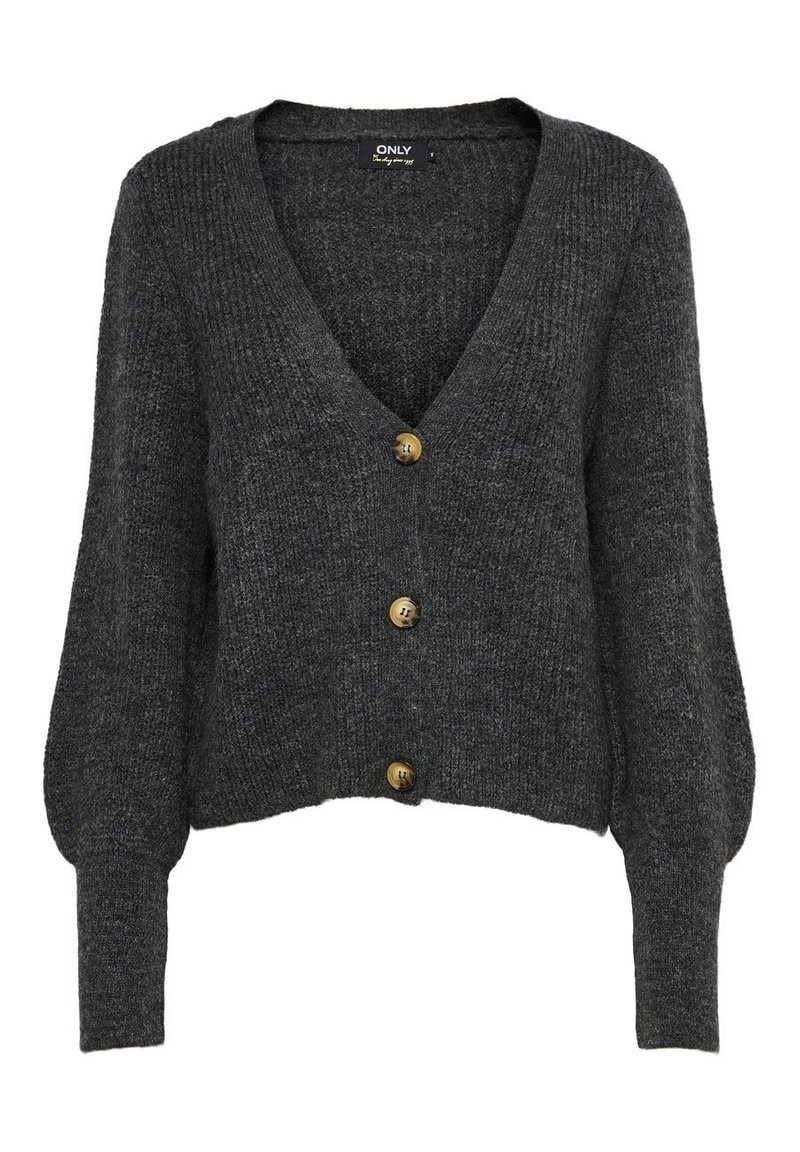 Šedý pletený cardigan s hlubokým výstřihem do V, dlouhými rukávy a třemi velkými zlatými knoflíky vpředu. Měkká textura a krátký střih.