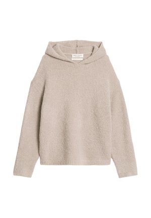 Jasno beżowa bluza z kapturem, wykonana z miękkiego, teksturowanego materiału. Charakteryzuje się luźnym krojem, długimi rękawami oraz przednią kieszenią typu kangur.
