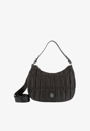 Borsa a tracolla nera trapuntata con zip superiore curva, manico corto e tracolla larga removibile con patch logo rotondo sul davanti.