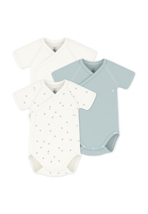 Set van drie babyrompers: één witte met kleine groene printjes, één witte en één tealgestreepte. Alle hebben drukknopen en korte mouwen.