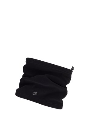 Schwarzer Fleece-Halswärmer mit kleinem weißem Pfotenabdruck-Logo und verstellbarer Kordel am oberen Rand.