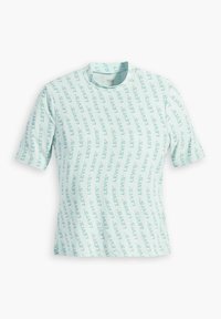 Světle modré tričko s krátkým rukávem s celoplošným opakujícím se vzorem loga "Levi's". Kulatý výstřih a volný střih. Měkká textilní struktura.