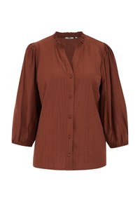 Blouse marron à boutons avec un tissu texturé, un col froncé et des manches bouffantes trois-quarts. Offre une coupe décontractée et de légères lignes verticales.