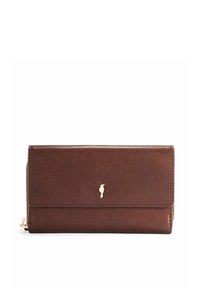 Brązowy skórzany portfel z złotym emblematem ptaka, prostokątny kształt, przeszywane krawędzie oraz zasuwana przegroda z boku.