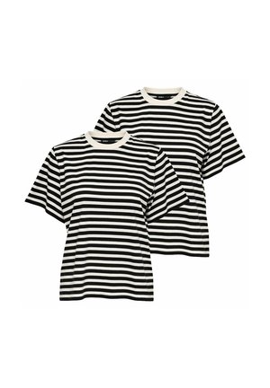 Zwei kurzärmelige schwarz-weiß horizontal gestreifte Rundhalsausschnitt-T-Shirts, übereinander getragen, wobei das vordere Shirt leicht nach links versetzt ist.