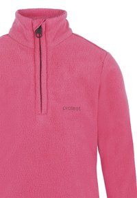 Pullover in pile rosa con colletto alto, chiusura a mezza zip e tessuto testurizzato. Logo "Protest" ricamato sul davanti.