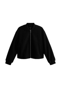 Giacca bomber nera cropped con colletto tondo, zip frontale e tasche laterali. Realizzata in tessuto liscio con polsini e orlo a coste.