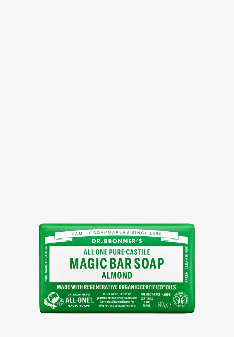 Dr. Bronner’s Magic Bar såpe med lukt av grønn mandel, laget med regenerative økologiske oljer, 140 g, sertifisert fair trade, for kropp, ansikt og hender.