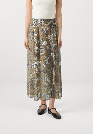 Maxiskjørt med blomstermønster i gull, blått og hvitt, laget av lett stoff med en flytende design og knytedetalj i midjen.